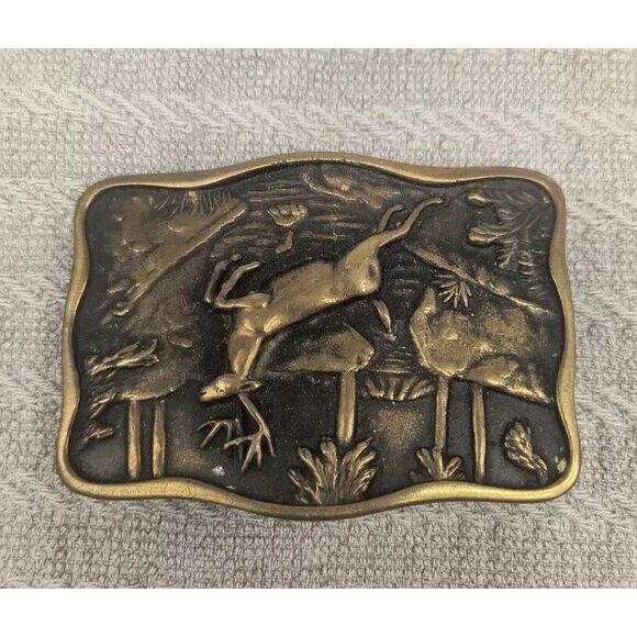 Vintage 1978 BTS Solid Brass Belt Buckle Deer Hunting Wilderness Made In USA - Picture 3 of 4